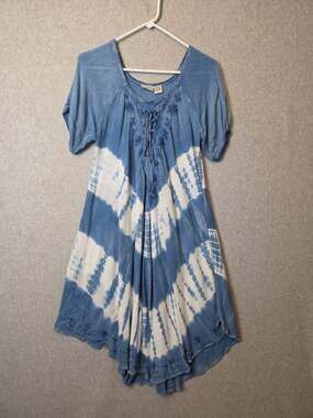 Raya Sun Indigo Tie Dye Floral Embroidered Lace Up Neck Boho Dress Lrg Stretch